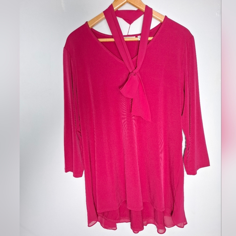 Susan Garver woman’s  top tunic V-Neck Tie Fuchsia Pink Size L Sheer Trim Casual